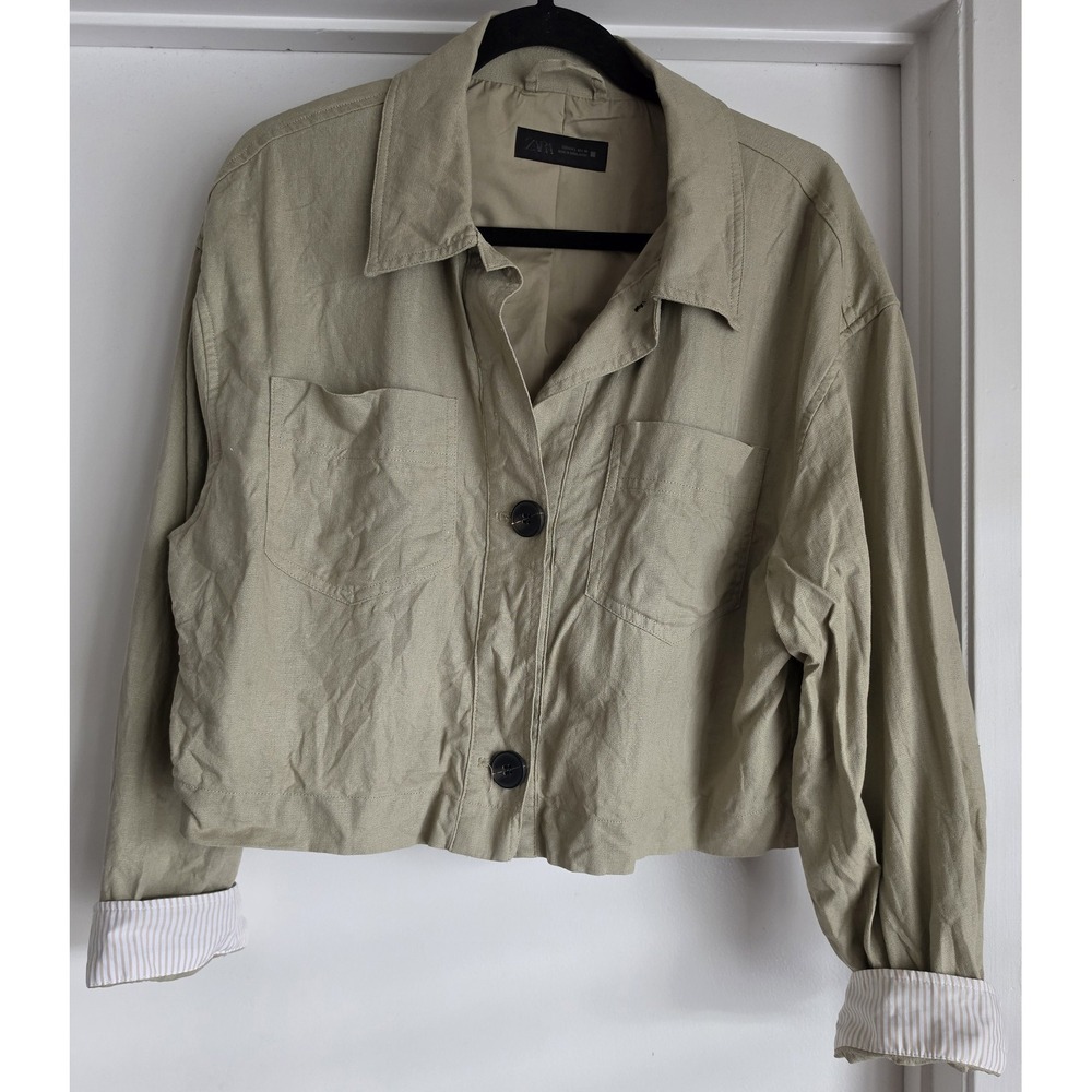 Zara Women Jacket Size L Khaki Solid Collared Long Sleeve Coat Blazer